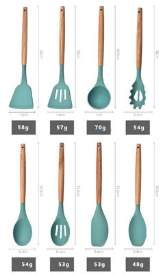 12 Piece Silicone Kitchenware Set dengan tahan suhu tinggi dan pegangan Oak